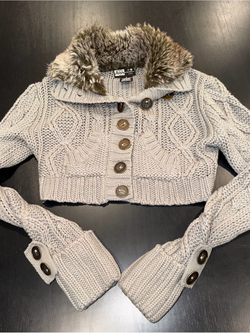 Ashley Cropped Cable Knit Sweater with Faux Fur Collar — Light Gray